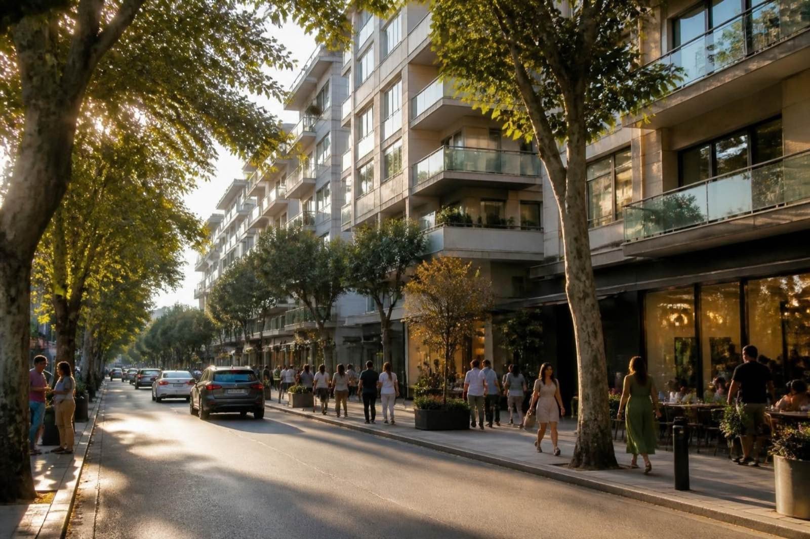 İkindi ışığında, orta yükseklikte apartmanların altında vitrinler ve kafe terasları olan geniş, ağaçlı bir cadde