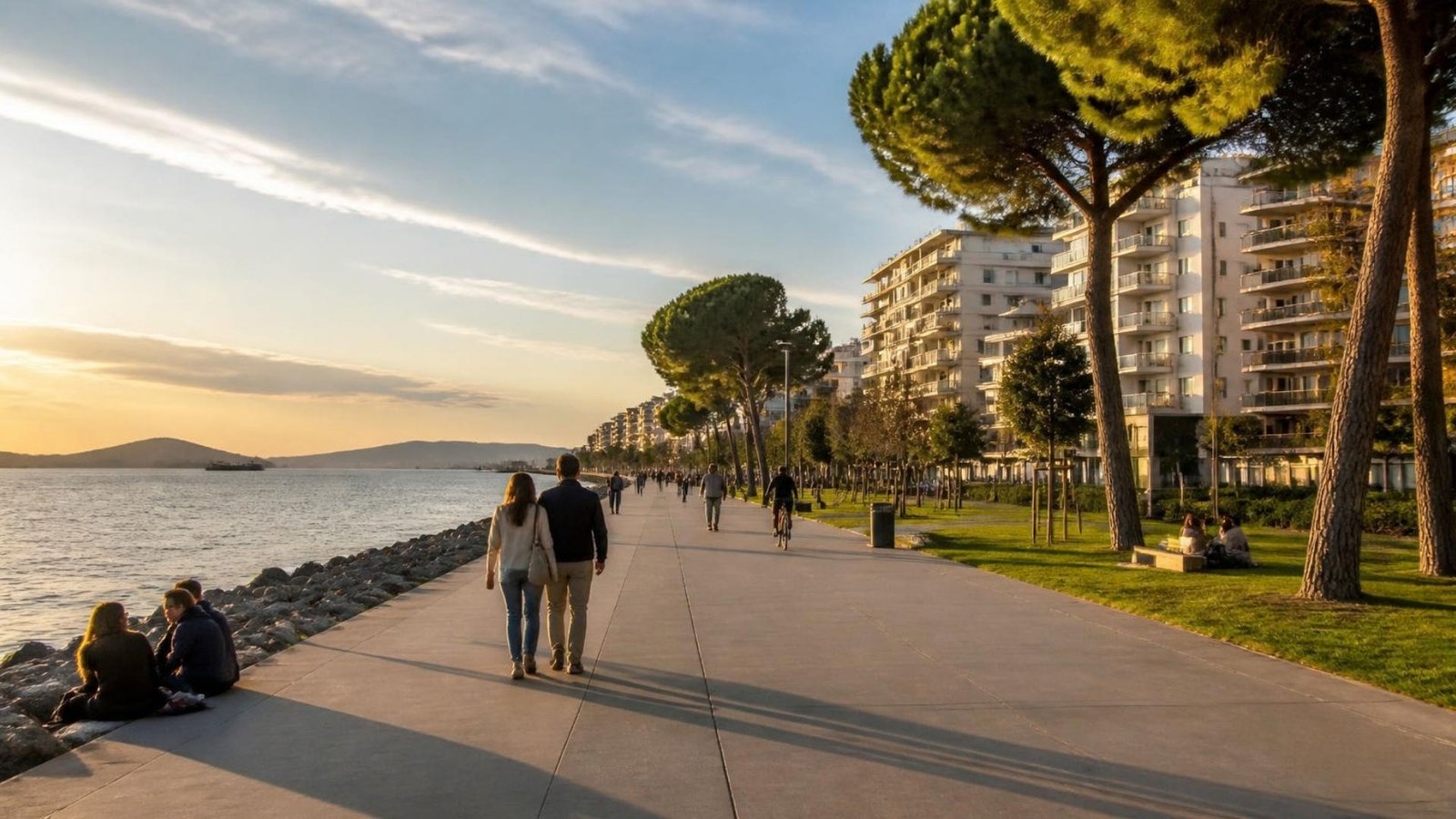 Altın saatte sahil parkı ve yürüyüş yolu; ağaçların arkasında yüksek apartmanlar, ufukta alçak adalar