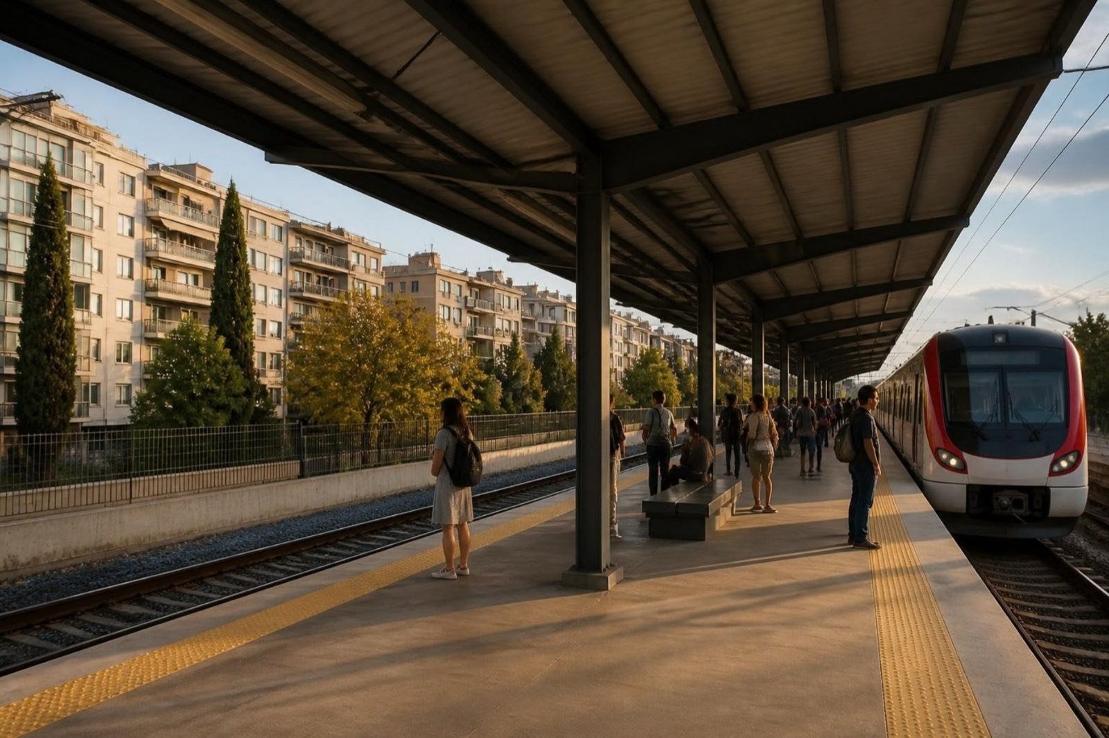 Bir banliyö treni gelirken uzun bir saçağın altındaki ada peronda bekleyen yolcular, rayların arkasında ağaçlar