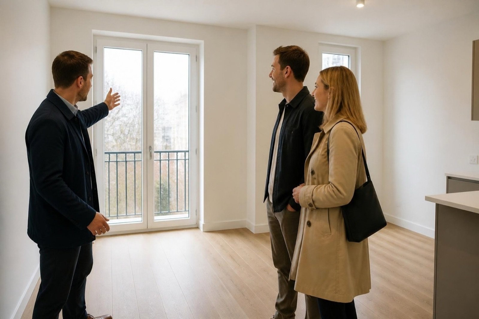 Aydınlık, boş bir dairede bir çifti gezdiren ve balkon kapısını gösteren emlak danışmanı