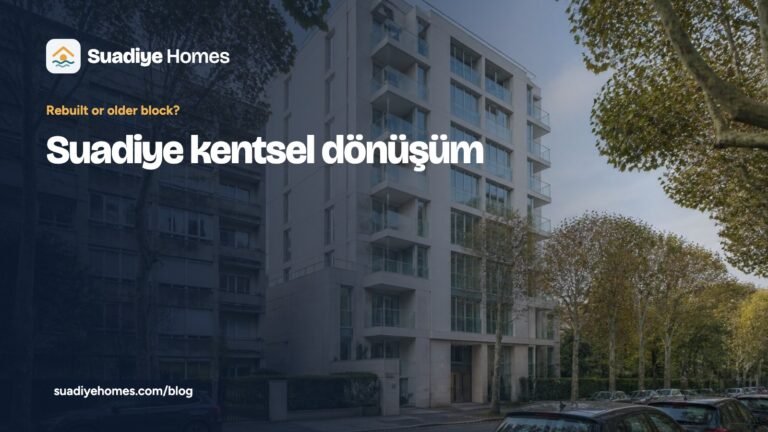 “Suadiye kentsel dönüşüm” başlıklı Suadiye Homes rehber kartı; ağaçlı bir sokakta eski bir binanın yanındaki yeni apartmanın fotoğrafı üzerinde
